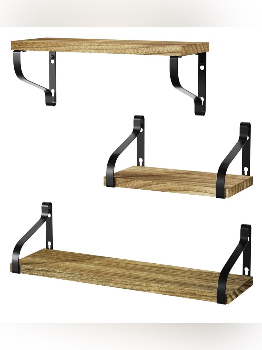 NEW Rustic Wood Wall Shelves with Black Metal Brackets - Set of 3 New in Box
